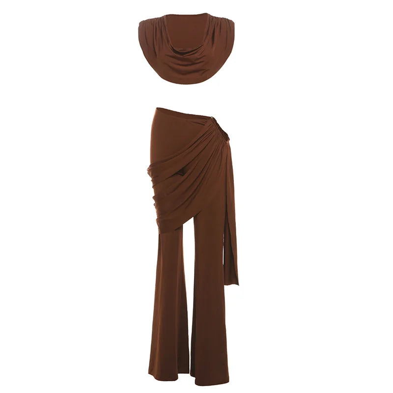 Nibber Pleats Elegant 2 Piece Set Women Sexy Low Neck Sleeveless Crop Tops+Irregular Waist Tassel Straight pants Fashion Suit
