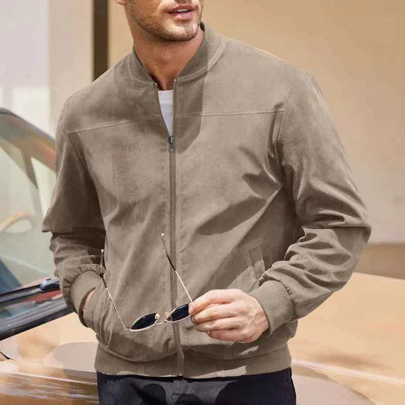 Men's Business Casual Suede Jacket Zipper Collar Warm Sporty Outerwear Polyester Fabric Long Sleeve round Hem Knitted Sleeve