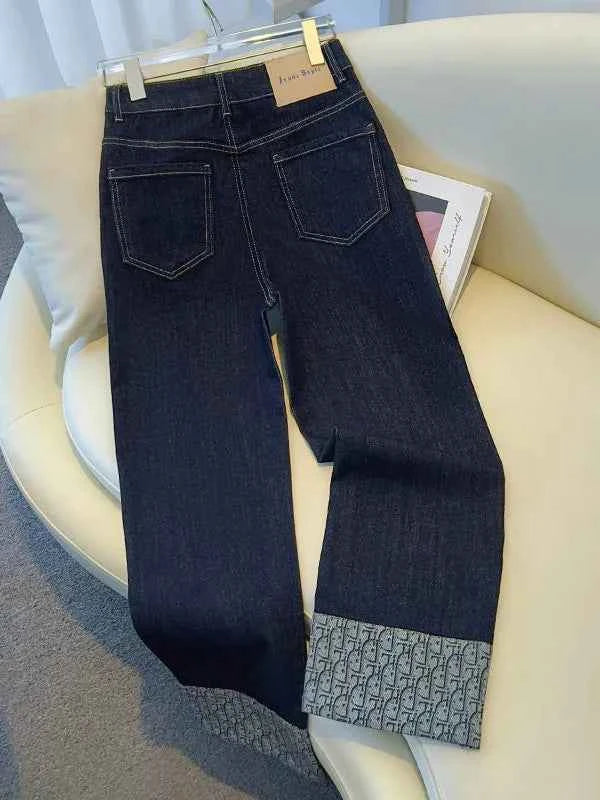 High-End Women's Straight Leg Jeans Loose Fit Spring Season Roll up Capri High Waist Denim Blue Flip  Thermal Regulation