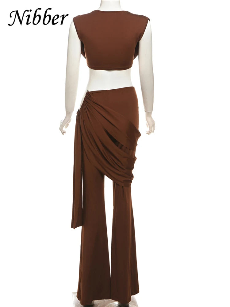 Nibber Pleats Elegant 2 Piece Set Women Sexy Low Neck Sleeveless Crop Tops+Irregular Waist Tassel Straight pants Fashion Suit
