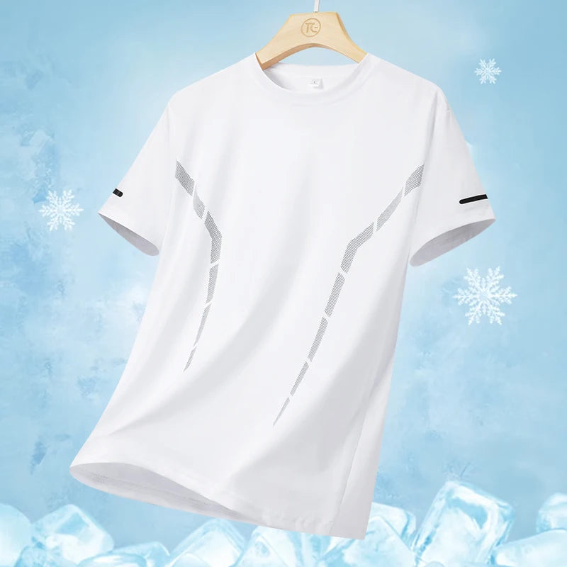Camiseta masculina de manga curta, de seda gelada, de secagem rápida, para o verão, ideal para corrida ao ar livre, fitness e esportes.