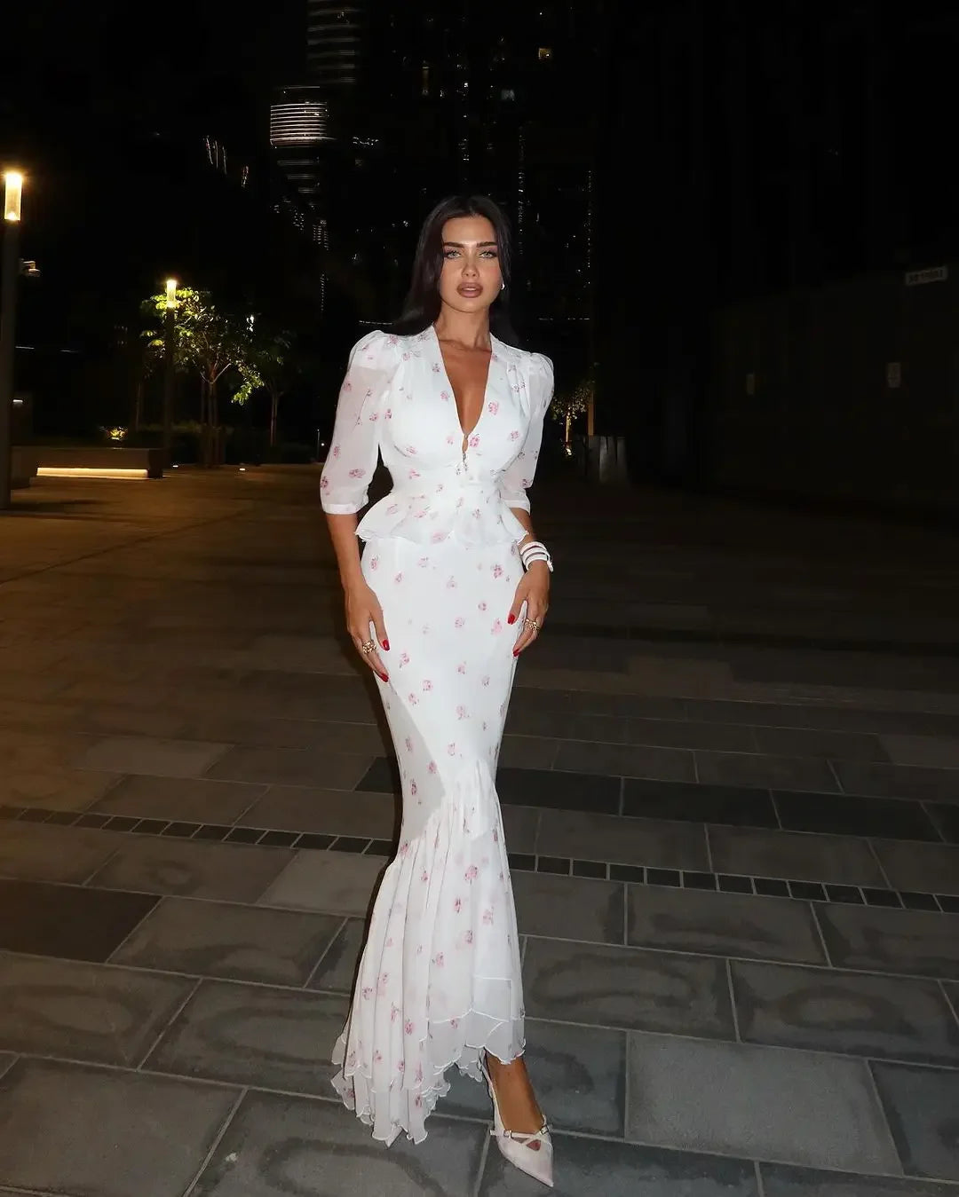 Women White Floral Print Maxi Dress V Neck Puff Sleeve Peplum Waist Fishtail Hem Chiffon Robe Elegant Party Wedding Guest Gown