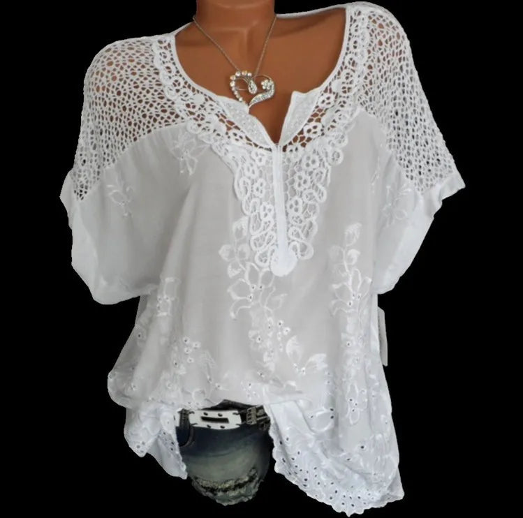 Blusas e tops femininos de manga curta da moda verão, camisa solta de renda branca patchwork 6xl, tops femininos, roupas casuais