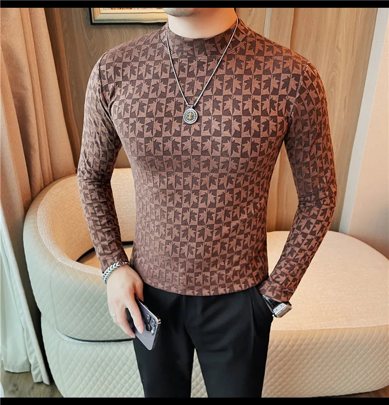 Camiseta elástica estampada de gola alta semi alta para homens, roupas de outono, nova, mangas compridas, jacquard, justa, cor sólida, camiseta slim fit