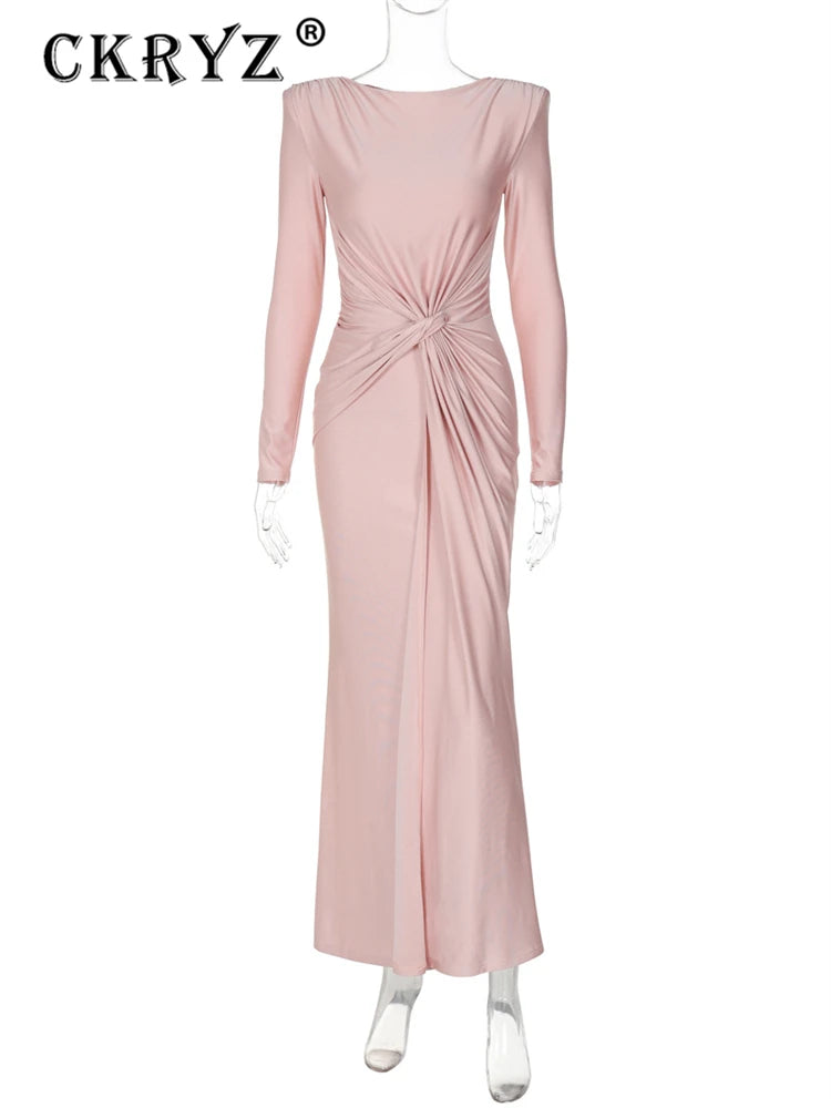 Ladies Autumn Elegant Evening Party Dress Women Long Sleeve O-Neck Ruched Fashion Maxi Dresses Night Club Streetwear Fall Outfit