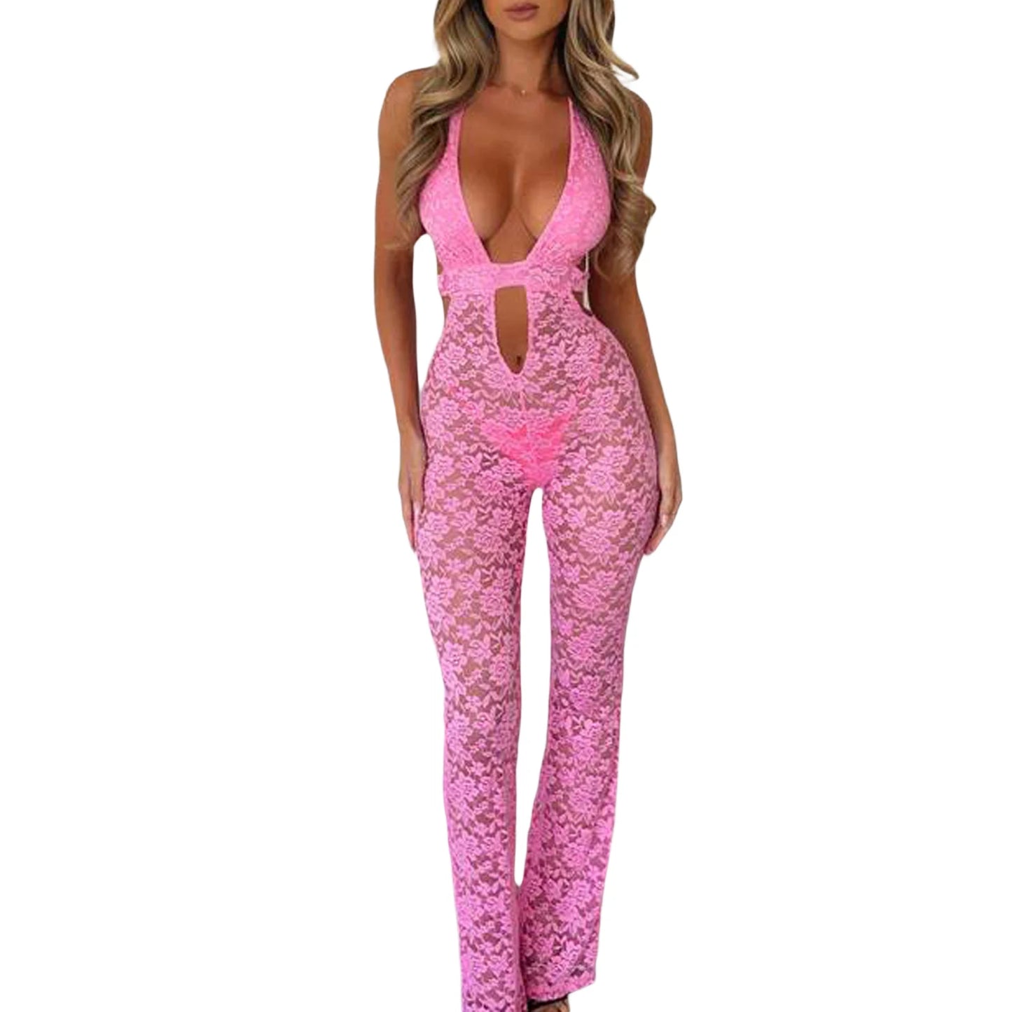 Women Halter Flare Jumpsuit Casual Summer Cutout Lace See-Through Backless Romper Pants Streetwear