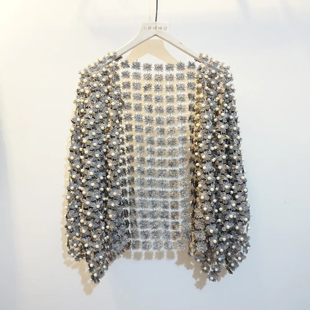 Women Beads Coat 2025 Summer Style Women Perspective Shawl Fashion Hollow Out Lace Boleros Short Sleeve Coats Jackets Femal