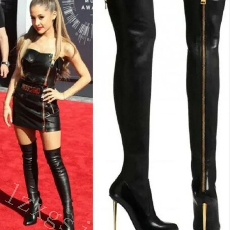 Botas femininas pretas da moda, cor sólida, salto alto fino, zíper traseiro de metal, botas acima do joelho