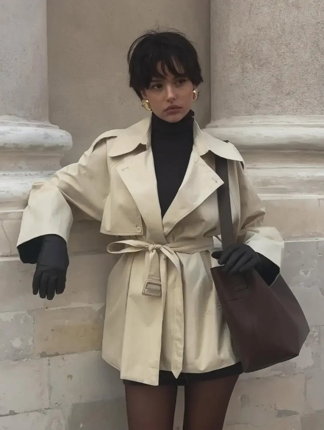 Women Lapel V-neck Belt Trench Coat Fashion Lace Up Full Sleeve Button Short Thin Windbreak 2025 New Lady Daily Street Outerwear