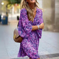 Vestido curto feminino estilo boêmio, com cordão na cintura, gola V, solto, elegante, casual, manga sete quartos