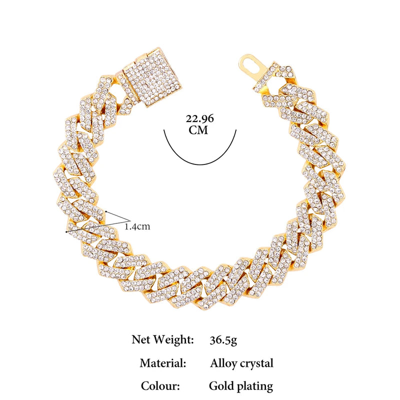 Fashion Bling Paved Rhinestone Prong Cuban Chain Bracelet for Women Men Hip Hop Iced Out Chunky Link Chain Bracelets New Jewelry