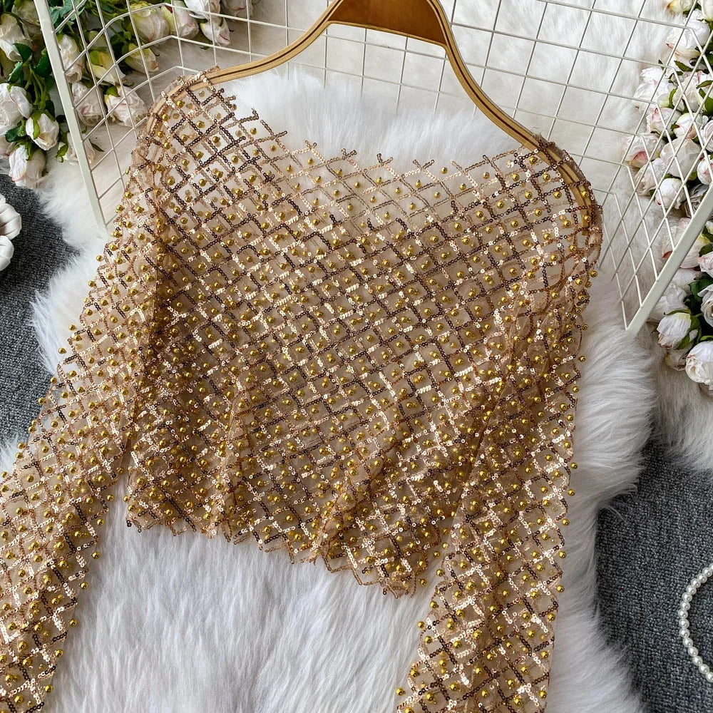 Slim Fit Short Sleeveless T-Shirt Women's New Style round Neck Long Sleeve Shiny Sequin Heavy Duty Bead Commute Style Korean ...
