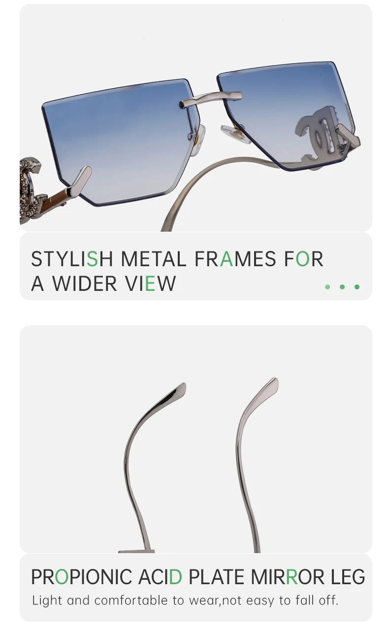 Óculos de sol quadrados sem aro punk femininos, armação de metal, design de marca de luxo, óculos retrô para mulheres, proteção UV400, 2025