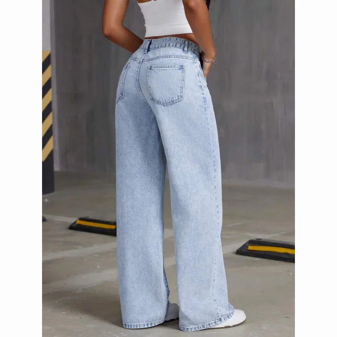 Trendy Cross-Border Hot Selling Women's Sweet-and-Spicy Style High-Waist Loose Casual Straight Leg Jeans Cotton Gauze