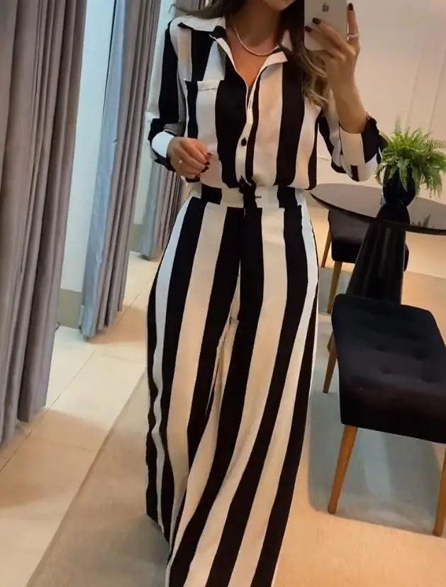 Two Piece Set Women Outfit 2023 Spring Fashion Striped Pocket Design Turn-Down Collar Long Sleeve Shirt & Wide Leg Pants Set - CRAVO ROSE