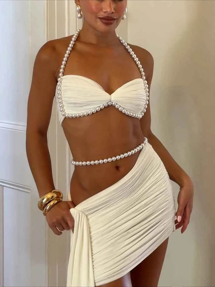 Weird Puss Elegant Bead Halter 2 Piece Set Women Sexy Ruched Mesh Backless Sleeveless Bra Vest+Ribbon Skirts Vacation Party Suit