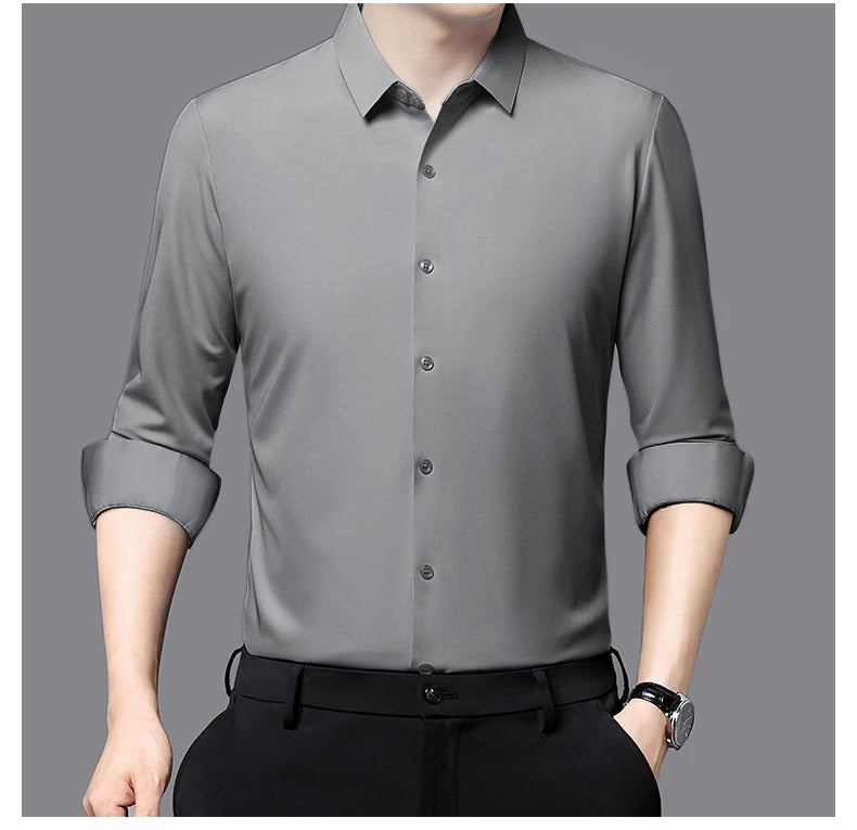 Camisa masculina premium ultraelástica - Camisa formal de manga comprida de seda de alta qualidade para uso social e casual