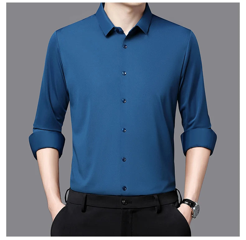Camisa masculina premium ultraelástica - Camisa formal de manga comprida de seda de alta qualidade para uso social e casual