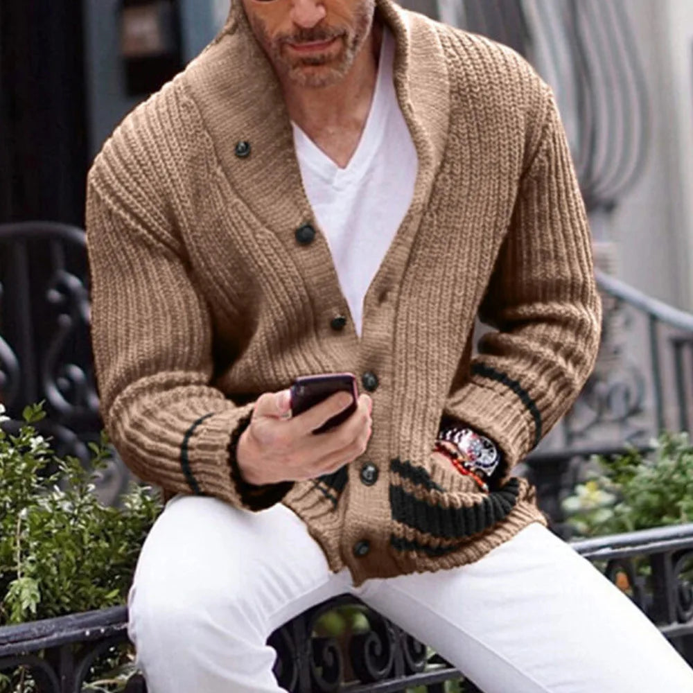 Coat Men Cardigan Sweaters Turn Down Collar Full Sleeve Coats Single Breasted Solid Stripped Open Stitch Autumn Winter Outerwear