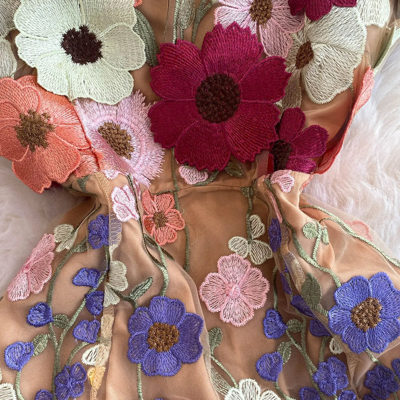 Summer High-end Embroidery Lace Prom Dress Women French Luxury 3D Flower Short Sleeve Long Dress Party Bodycon Holiday Vestido