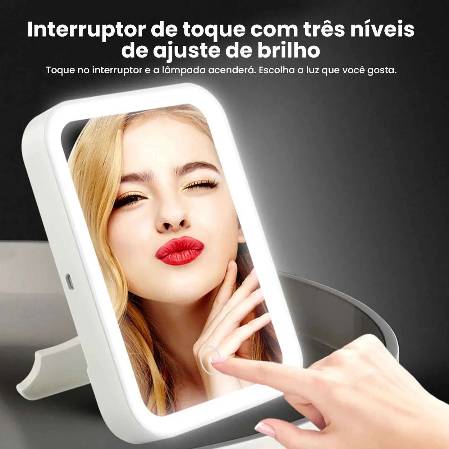 Espelho de Beleza com Lupa e Luz LED, 3 Painéis, Iluminação Ajustável, Base Antiderrapante para Bolsa e Viagem