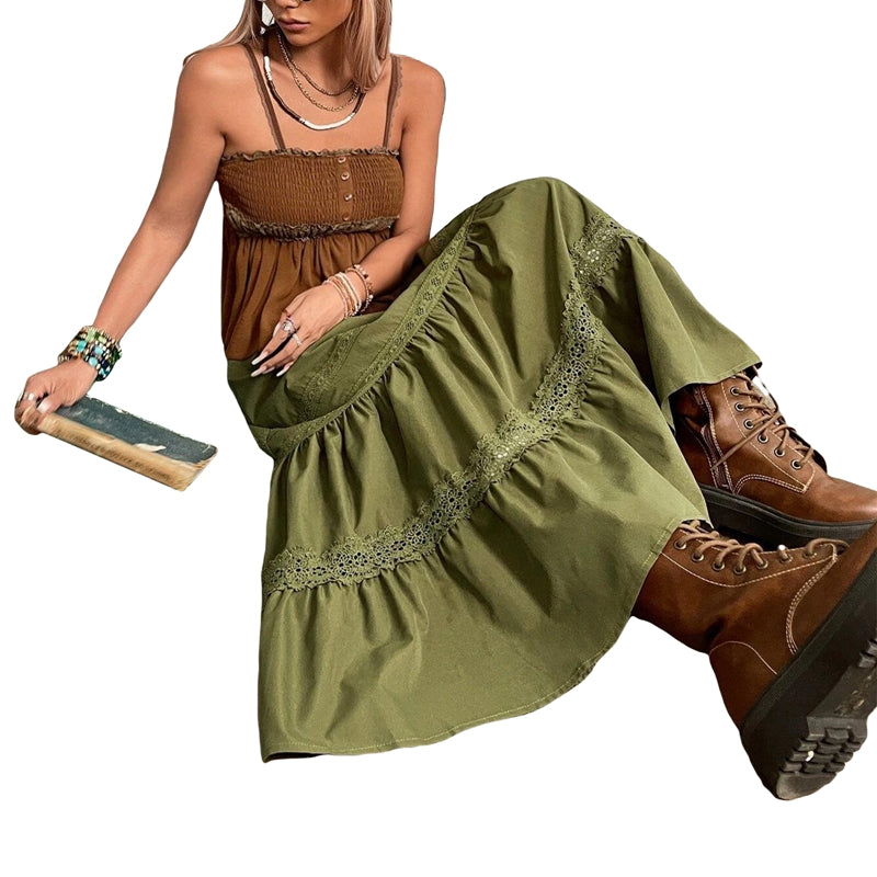 Saias plissadas vintage verdes dos anos 90, boho, férias, cintura alta, saias longas, retrô, Y2K, Fairycore, roupas fofas com acabamento em renda