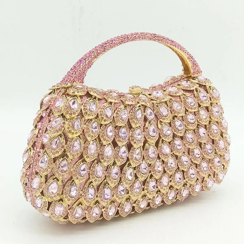 Boutique De FGG Pink Crystal Rhinestone Clutch Handbag Women Metal Minaudiere Top Handle Tote Purse Wedding Party Evening Bag
