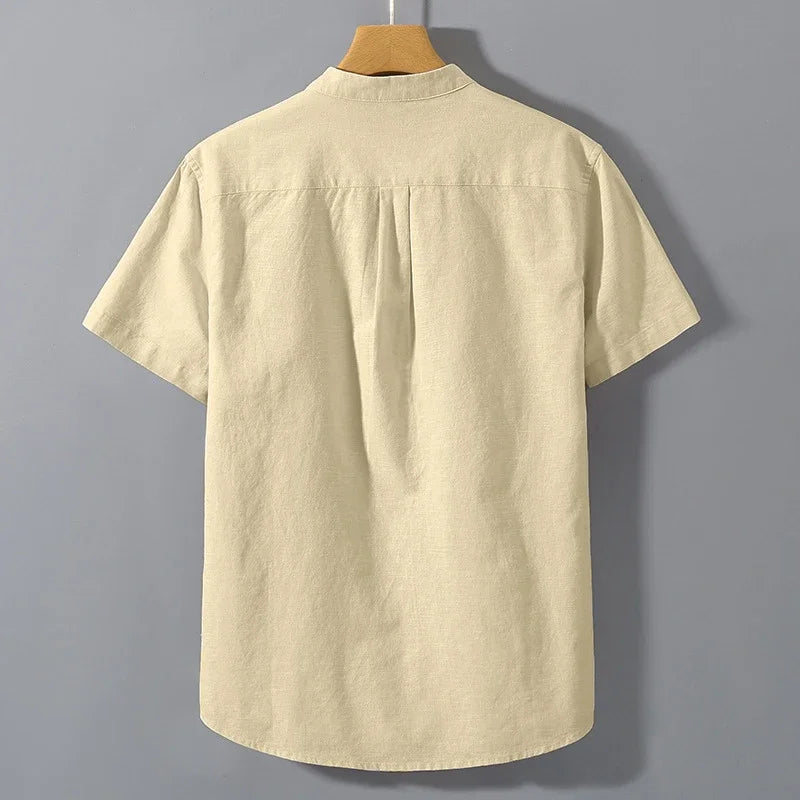 Camisetas de manga curta, cor sólida, gola alta, moda verão, respirável, solta, básica, algodão, bolso, top