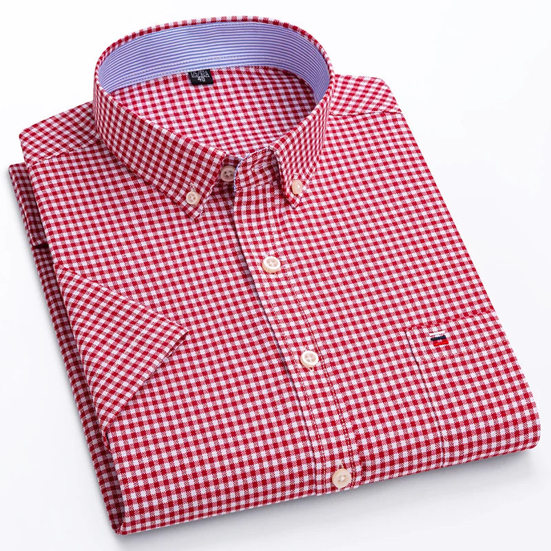 Men's Pure Cotton Oxford Short Sleeve Summer Casual Shirts Comfortable Standard-fit Button-down Plaid Solid Color Cotton Shirt