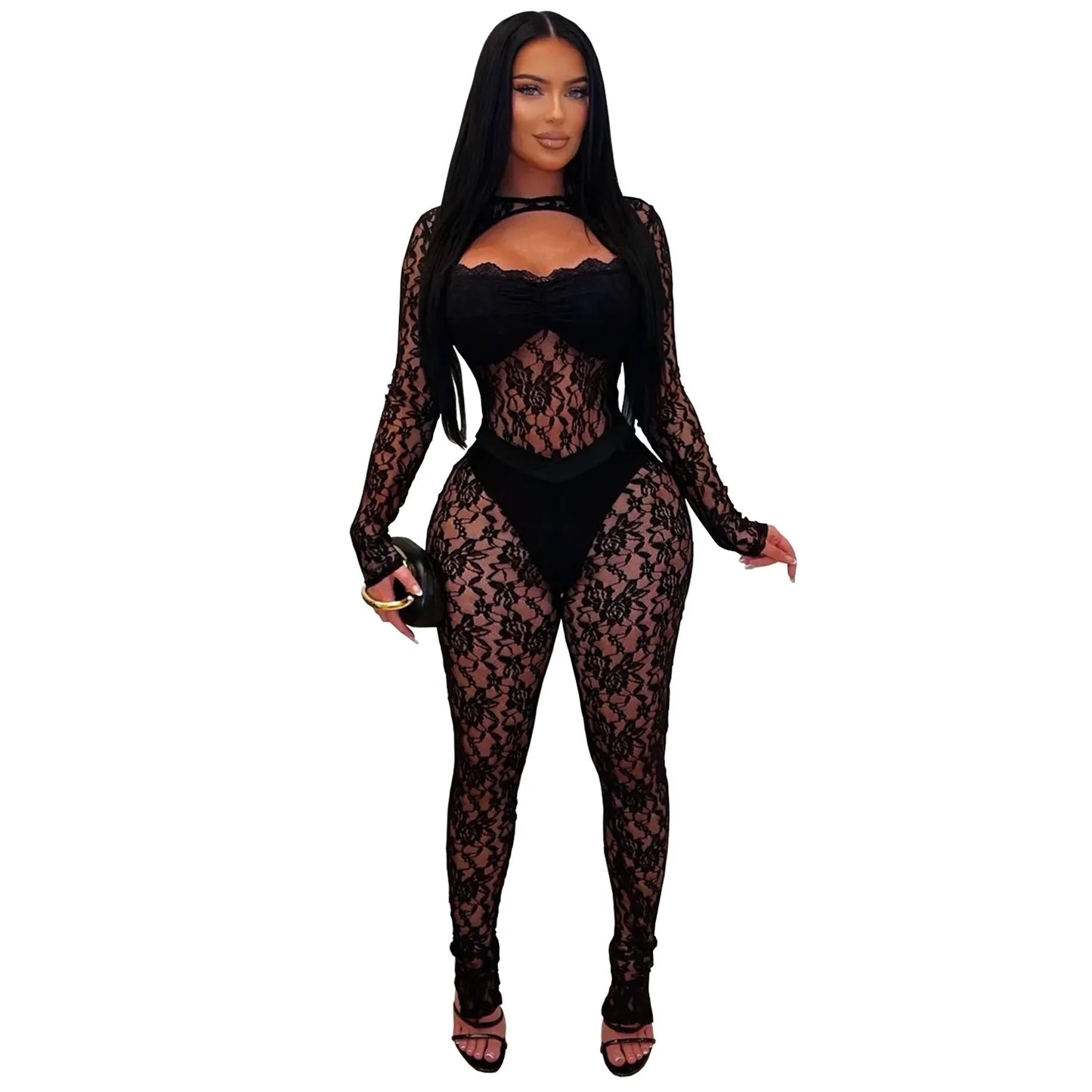 FLARORA Sexy Lace Hollow See Through Jumpsuits Woman O Neck Full Sleeve Peach Hip Slim Jumpsuit Midnight Party Clubwear Overalls