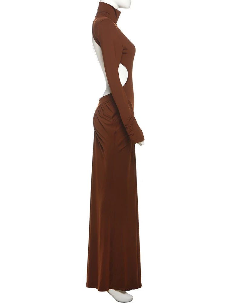 Weird Puss Backless Maxi Dress Women Shoulder Pads Long Sleeve Waistless Peach Buttocks Ruched Elegant Banquet Skinny Vestidos