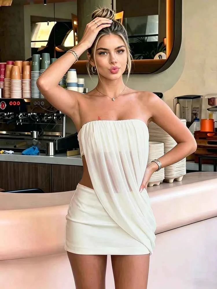Nibber Chic 2Piece Set Women Fashion Mesh Ruched Patchwork Irregular Hem Tank Top+Peach Hip Skirts Sexy Party Club Elegant Suits
