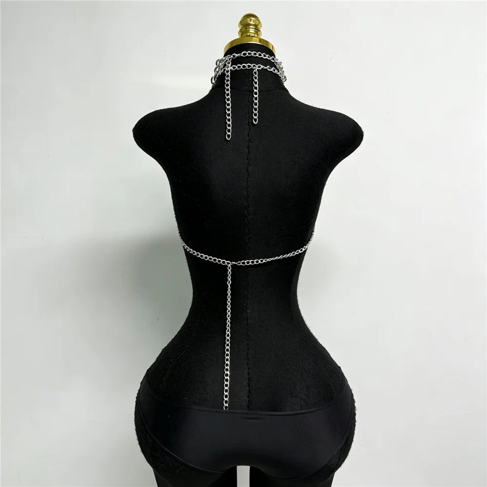 Silver Metal Chain Halter Top Sexy Layered Body Chain Vest Women Festival Rave Party Clubwear Lingerie Jewelry Accessory