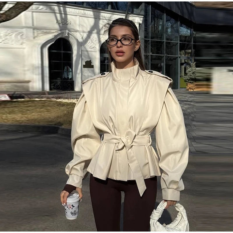 Fashion Stand Collar Belted Waist Short Jacket For Women Casual Puff Sleeve Wide Shoulder Coat Lady 2026 Chic Street Outerwear