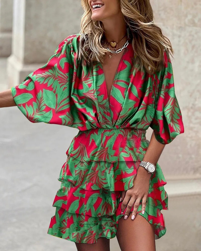Print  Cross-border independent station fashion classic explosive autumn bat sleeve V-neck hemline irregular dress women's dress