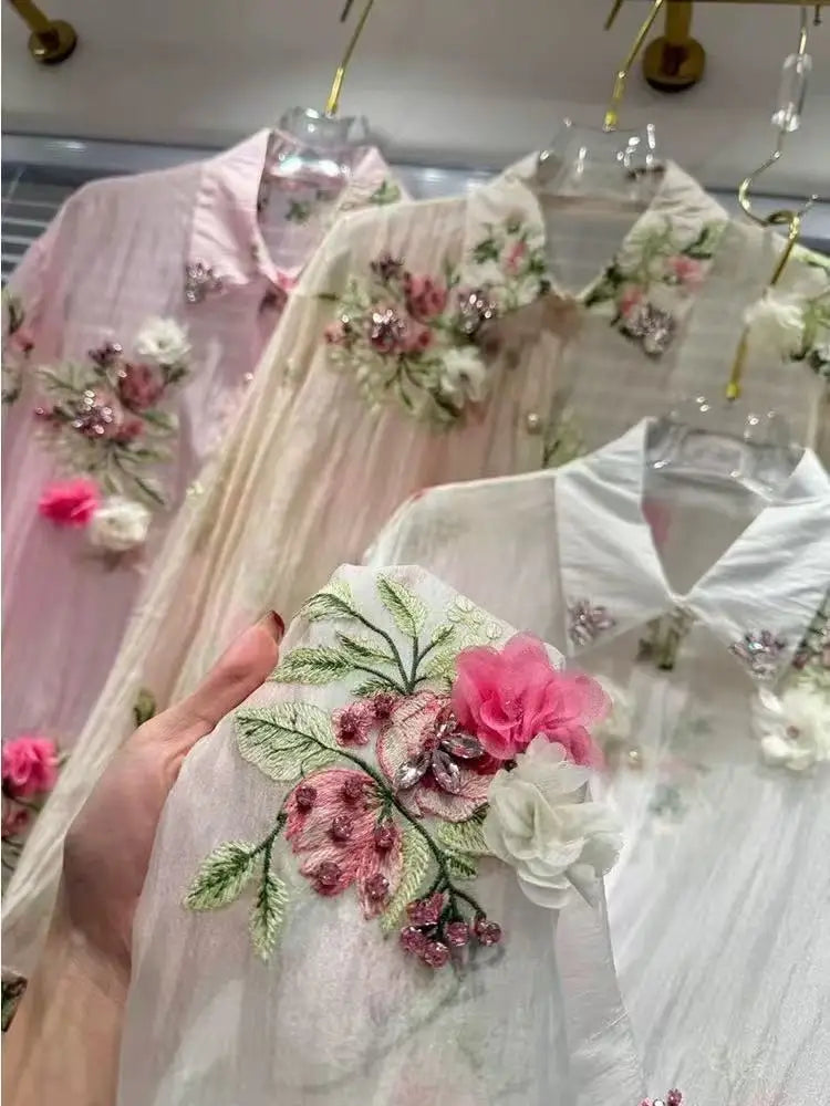 Luxury Design Summer Sparkle Diamonds Flowers Embroidery Party Shirts Blouses Women's Lightweight Sunscreen Top Woman Clothes