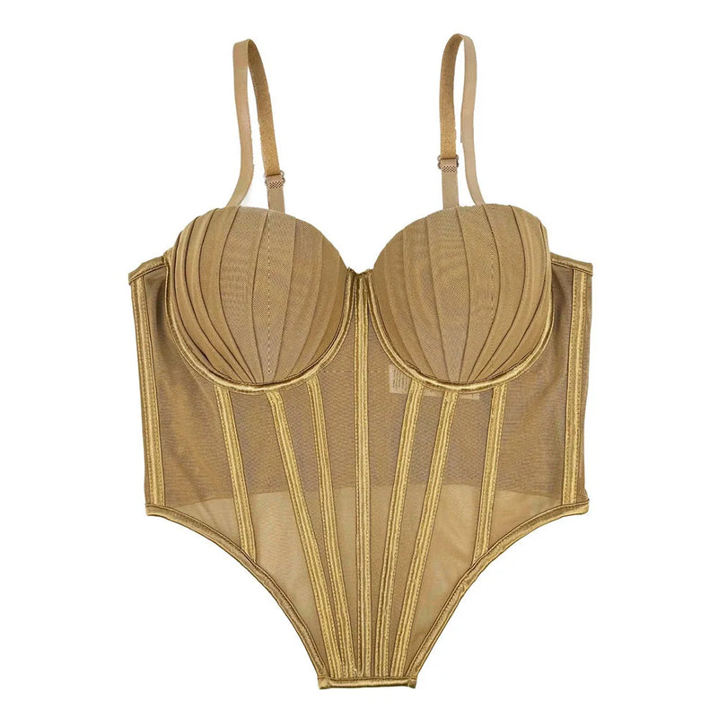 Corpete transparente de malha feminino, faixa espinha de peixe na cintura, corpete bustiê, tops sensuais