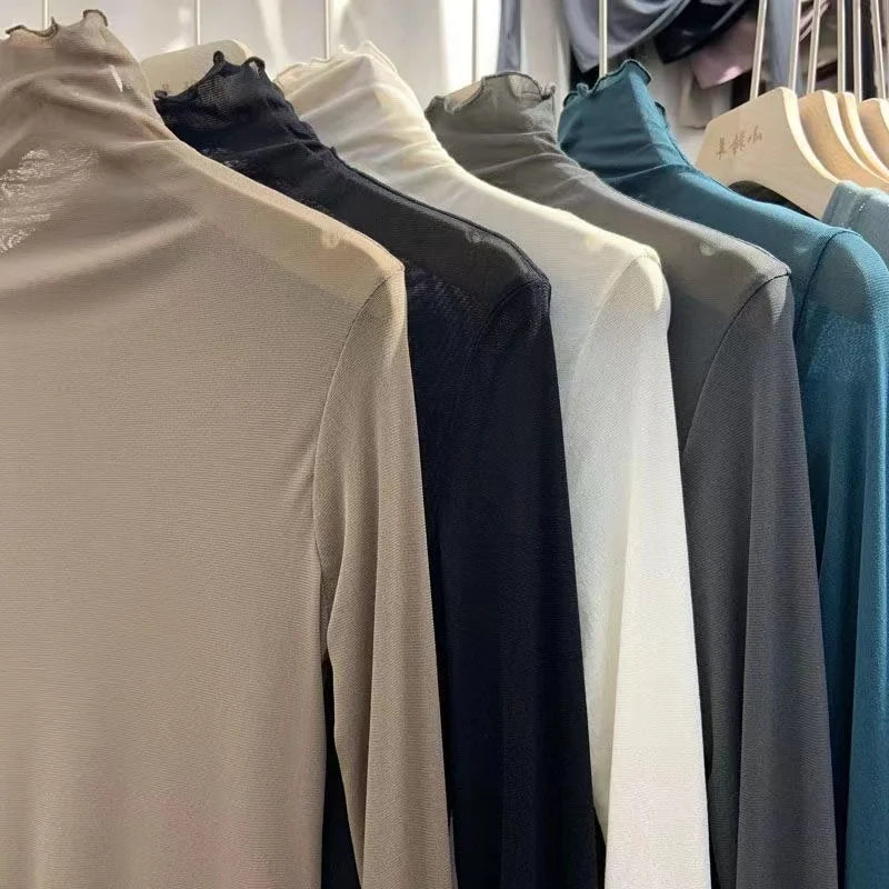 Women's Long Sleeve T-Shirt Lace  Mesh Base Shirt High Collar Pure Color Spring Autumn Fashion Breathable Comfortable Ski...