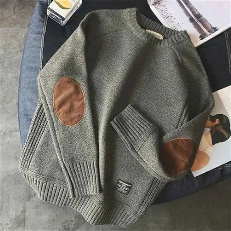 Men's Harajuku Pullover Sweater Patch Designs Knitted Sweatshirt Hip Hop Round Neck Pure Colour Causal Pullovers Men's Clothing