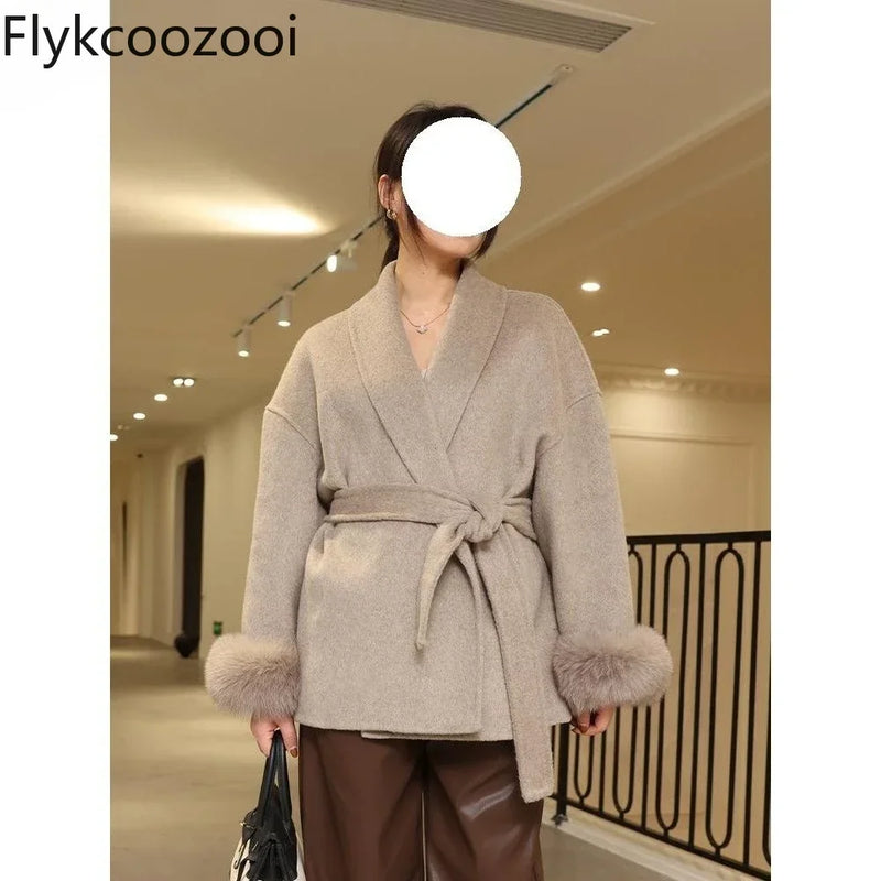 Camperas De Inverno de Cor Sólida Moda Cintura com Alça Outono e Inverno Novo Casaco de Lã Solto