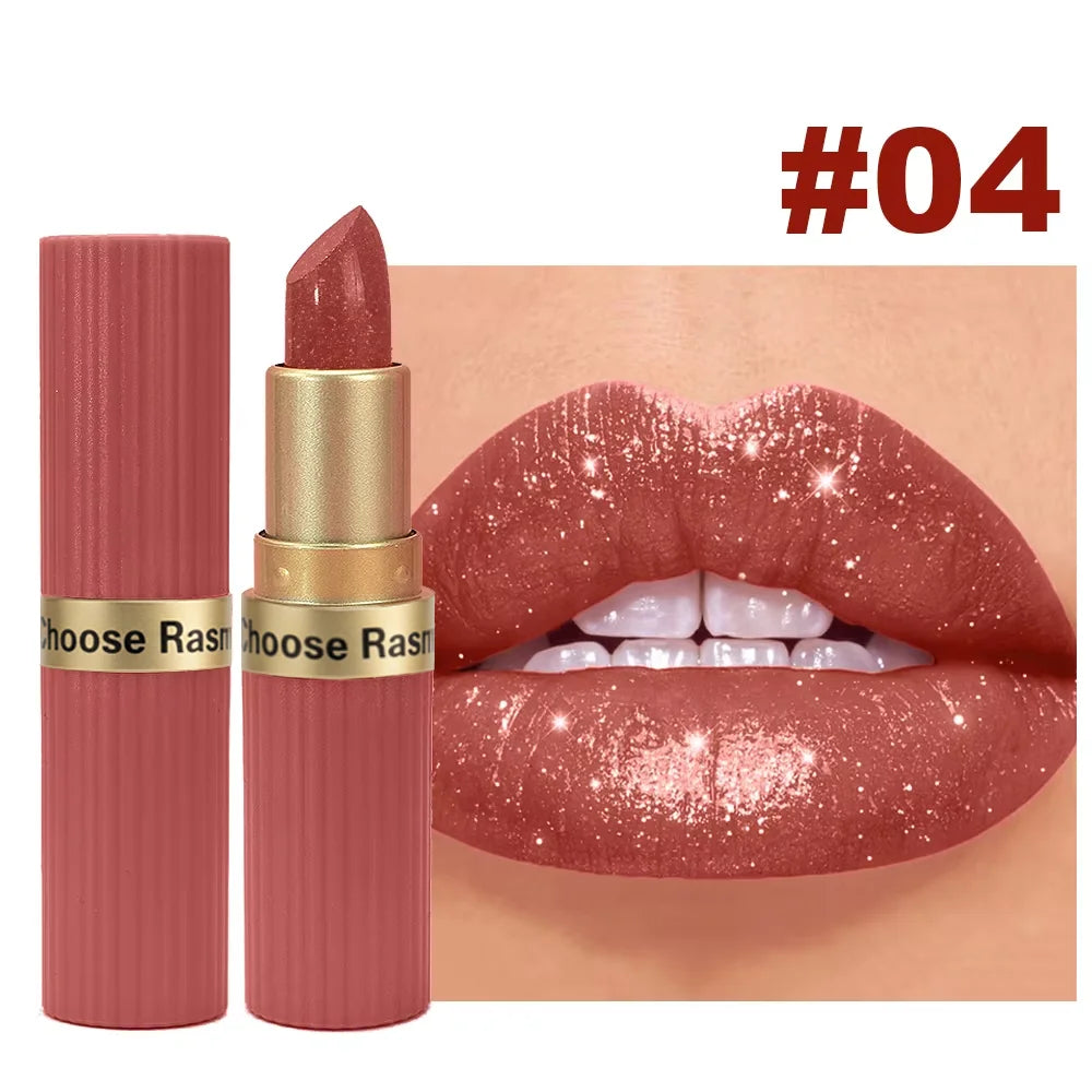Batom de Veludo com Glitter Rosa Perolado – Metálico, À Prova d'Água, Longa Duração, Acabamento Matte com Brilho Diamante