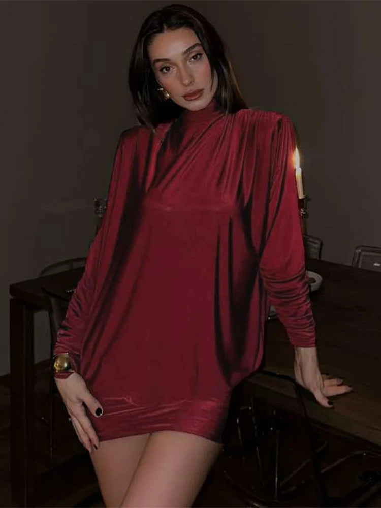 Nibber Backless Dress Women Full Sleeve Turtleneck Folds Solid Skinny Birthday Party Autumn Trend Elegant Chic Mini Bodycon