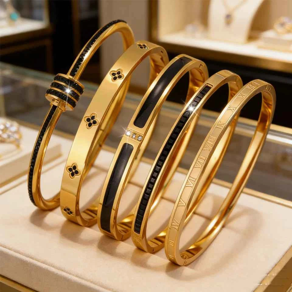 ZAKOL New 5/1pcs Black Zircon Inlay Series Stainless Steel Bracelets for Women Men Fashion versatile Stacking Jewelry Gift