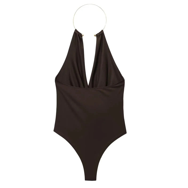 HXAO Bodysuit Women Summer Corset Slimming Body Off Shoulder Halter Sexy Body Ruched White Bodysuit Backless Brown Body Swimwear