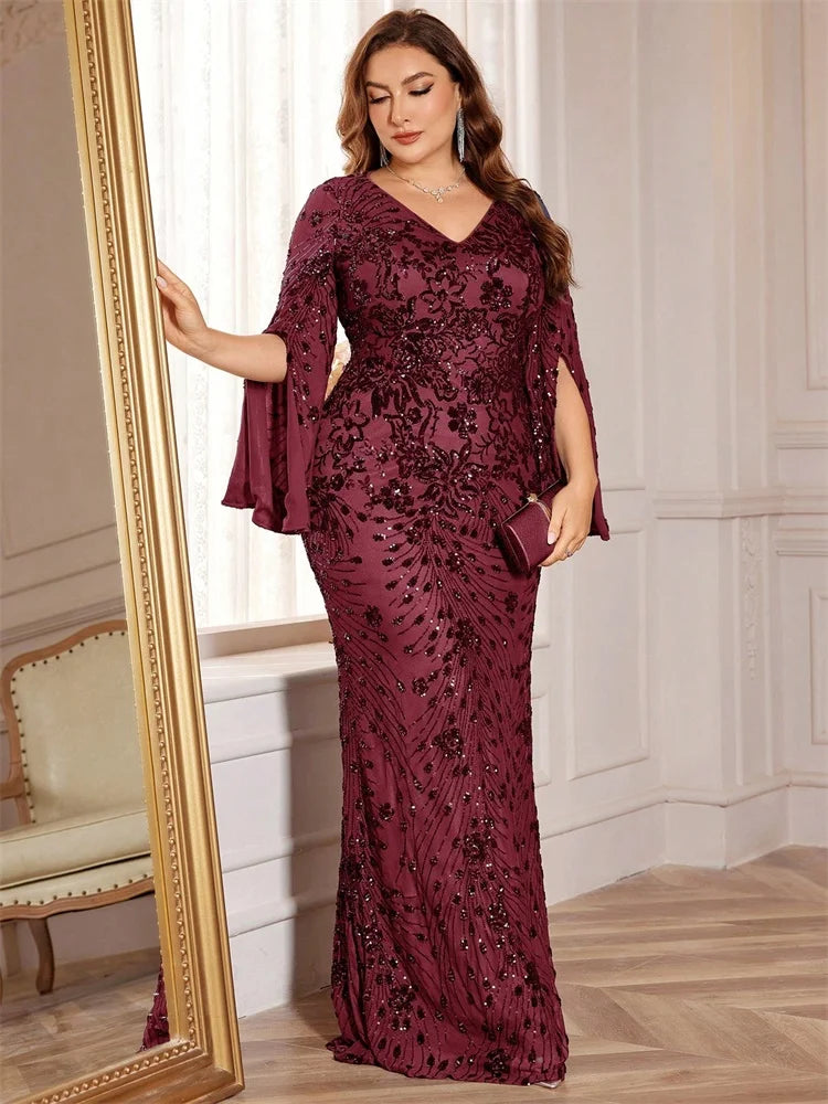 Lucyinlove Plus Size Luxury Gold Evening Dresses Women 2025 Long Sleeve Mermaid Formal Sequins Prom Wedding Party Cocktail Gowns