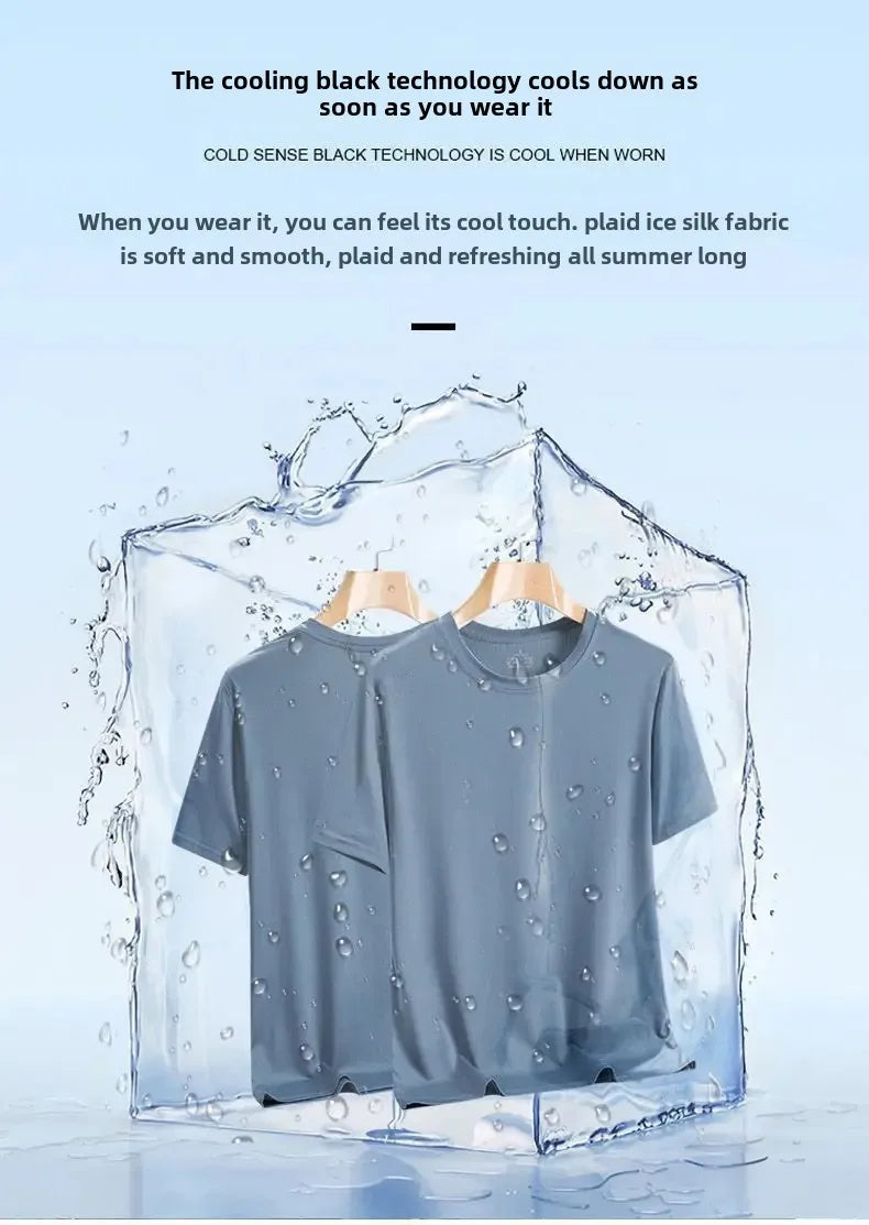 Camiseta masculina de manga curta, de seda gelada e secagem rápida, nova malha respirável, ajuste solto, gola redonda, camisa esportiva casual para o verão
