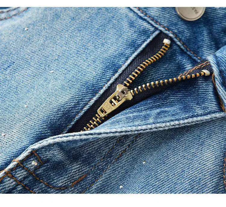 High Waist Wide Leg Denim Jeans Women's Spring 2026 New Style Glittering Star Explosion Nine Point Straight Cut Diamond Embel...