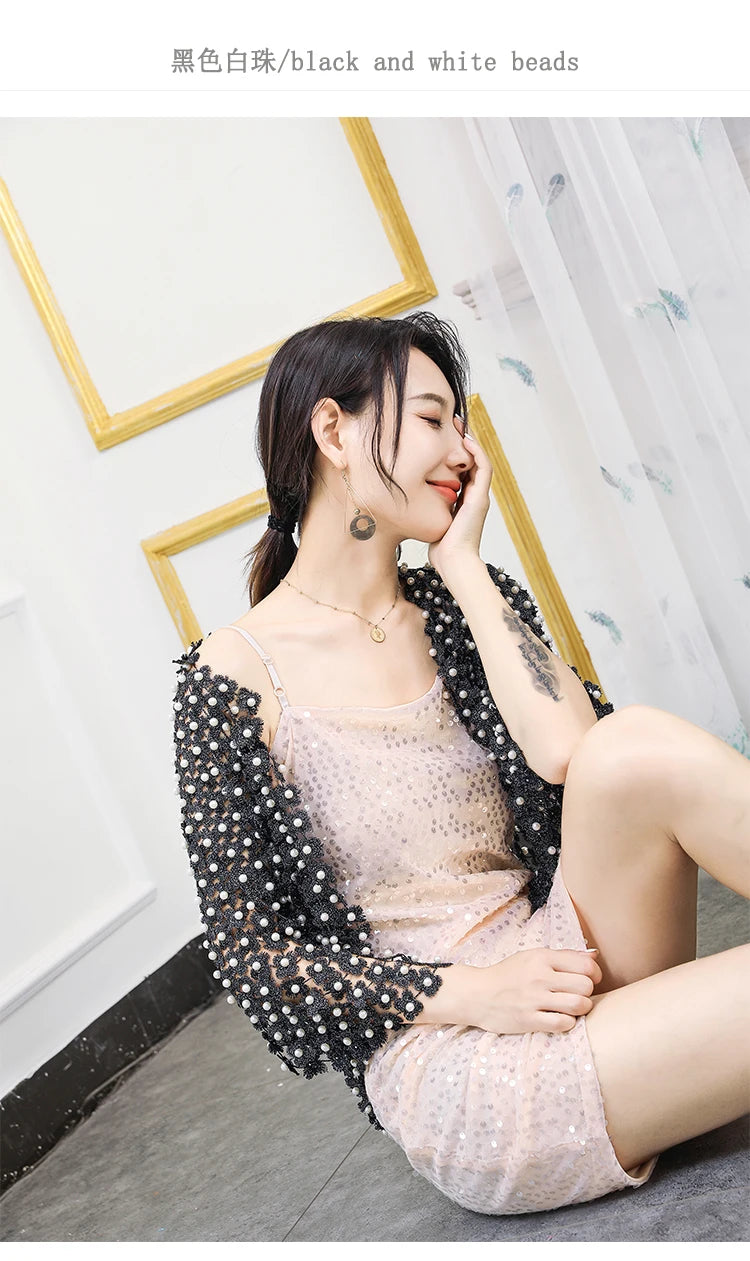 Women Beads Coat 2025 Summer Style Women Perspective Shawl Fashion Hollow Out Lace Boleros Short Sleeve Coats Jackets Femal