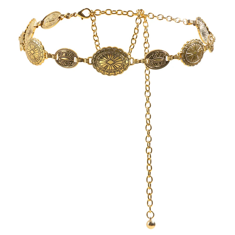 Retro style women's metal waist chain accessories Decorative circle carved chain belt high style accessories