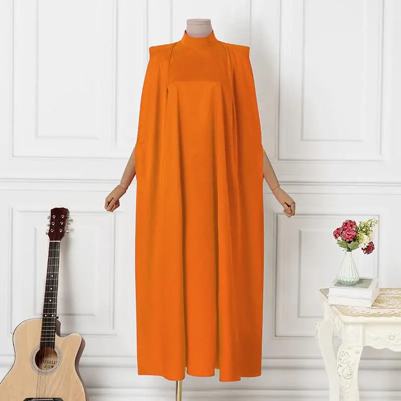 VONDA Women Elegant Satin Dress 2024 Fashion Long Bat Sleeve Stand Collar Evening Pleated Maxi Sundress Casual Solid Loose Robe
